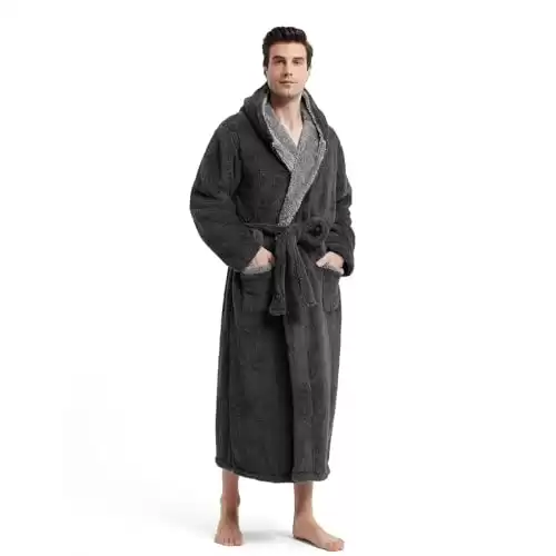 Akakios Men's Soft Plush Fleece Robe with Hood - Full Length Luxury Bathrobe with Pockets, Big and Tall Bath Robe for Men