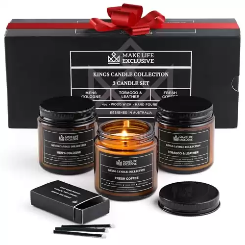 Set of 3 4oz Scented Candles for Men, Candle Gift Sets | Bachelor PAD | Woodwick Crackling Masculine Scent Candles | Manly Cologne, Coffee, Tobacco & Leather Soy Candles | Candle Set for Men