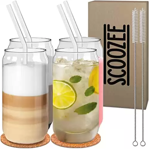 Scoozee Drinking Glasses with Straws (Set of 4, 18 oz) - Glass Cups with Glass Straws - Glass Tumbler for Iced Coffee, Beer, Tea - Aesthetic Cute Coffee Bar Accessories