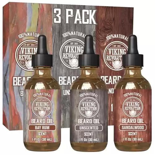 Viking Revolution Beard Oil Conditioner 3 Pack - All Natural Variety Set 2 - Bay Rum, Unscented and Sandalwood Oil - Conditioning and Moisturizing for a Healthy Beard