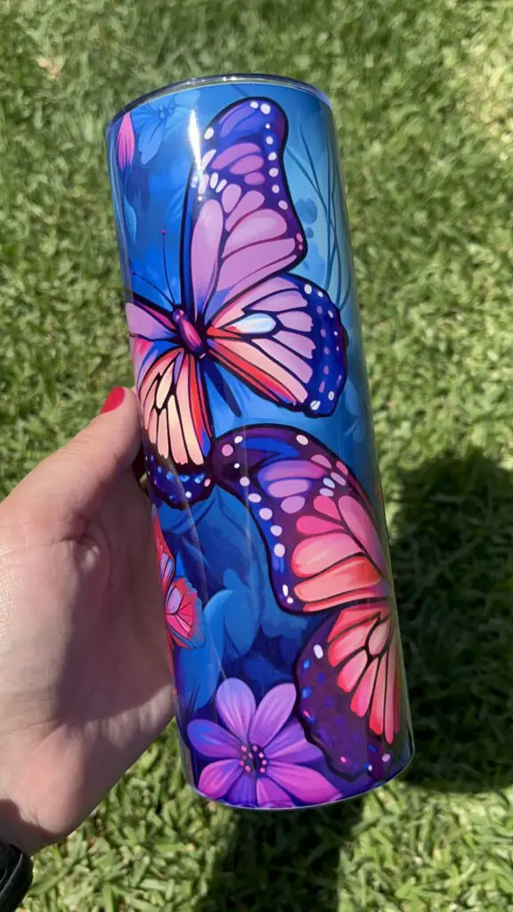 Finished sublimated 20oz tumbler in the sun