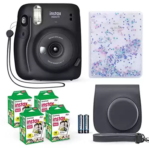 Fujifilm Instax Mini 11 Instant Camera Charcoal Gray + Fuji Film Value Pack (40 Sheets) + Shutter Accessories Bundle, Including Compatible Carrying Case, Quicksand Beads Photo Album 64 Pockets