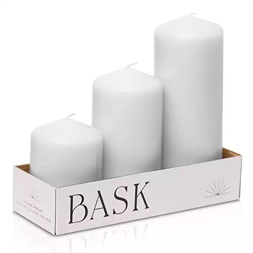 Bask Cone Top Pillar Candles - Elegant White Candles - Set of 3 White Pillar Candles
