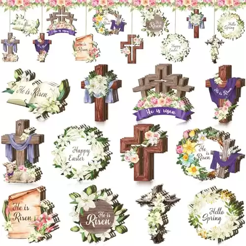 36 Pcs Easter Decorations Religious Easter Ornament Wooden He is Risen Ornaments