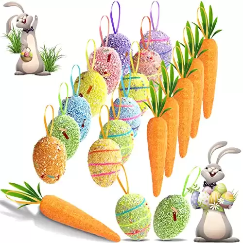 18PCS Glitter Easter Egg Ornaments and Carrot Hanging Ornaments
