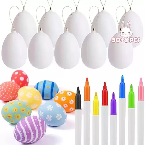 30 Pcs Easter Decorations Eggs with 8 Pens, White Plastic Eggs with Rope