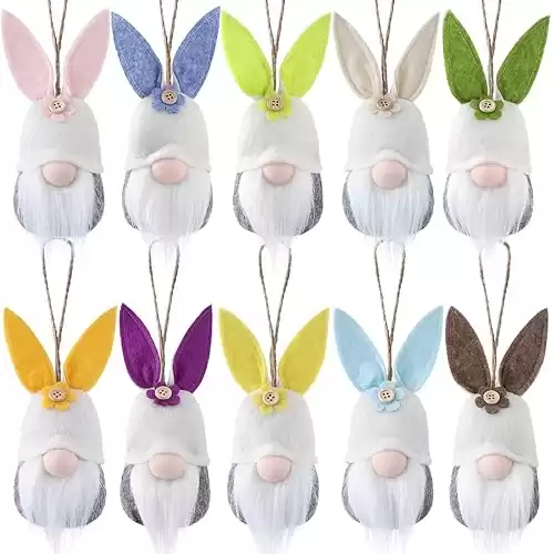 Easter Hanging Bunny Ornaments Set of 10, Colorful Plush Bunny Gnomes for Tree Decorations