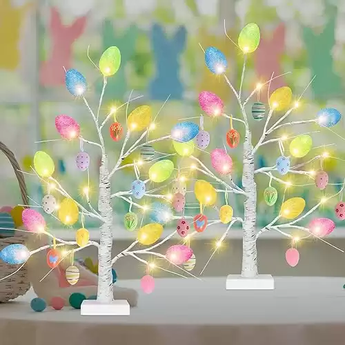2 Pack 24 Inches Lighted Birch Tree for Tabletop, Adjustable Colorful Egg Shaped Lighted Tree