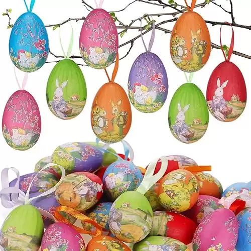 24pcs Vintage Easter Tree Ornaments - Paper Mache Foam Egg Hanging Decorations