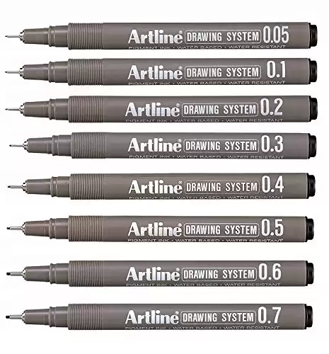Artline 0.05MM - 0.7MM Fine Nib Black Drawing Pen, Set of 8Pens with 1 pen in each size - Kushuworld